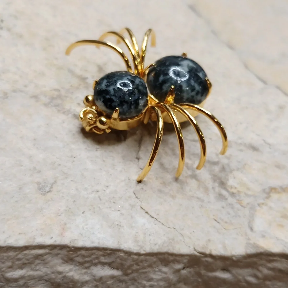 Vintage Jasper Stone Spider brooch black widow